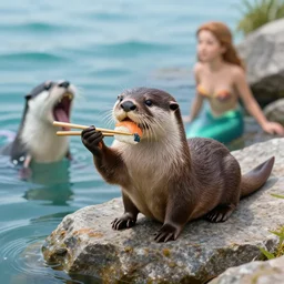 an otter holding chopsticks eating sushi sat on a rock by the sea, nearby there is a drooling mermaid, super realistic