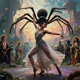 realistic detailed portrait movie shot of a single beautiful black woman in a transparent sheer fabric dress dancing with a giant spider, futuristic sci fi landscape background by denis villeneuve, jean delville, yves tanguy, ernst haeckel, alphonse mucha, max ernst, caravaggio, roger dean, sci fi necklace, masterpiece, dreamy, rich moody colours