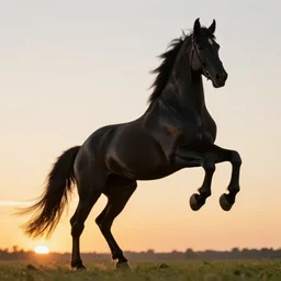 glorious black horse standing on two legs, during sunset