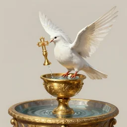 a white dove holding a catholic host inthe beak. a golden cup water fountain. intricate, elegant, highly detailed, digital painting, artstation, concept art, sharp focus, illustration, by justin gerard and artgerm, 8 k