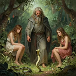God very angry in the Garden of Eden. Adam and Eve look very guilty and the snake is leaving the scene quietly - elegant, highly detailed, centered, digital painting, artstation, concept art, artgerm, donato giancola, Joseph Christian Leyendecker, WLOP, Boris Vallejo, Artgerm