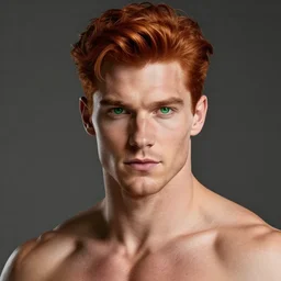 professional digital art of a fit man with red hair and green cat - like eyes, popular, famous, attractive, high quality, highly detailed, hd, 4 k, 8 k,