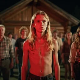 6 0 year old linus roache with long blond hair, skinny chest, red lighting, cult meeting, log cabin background, nighttime, cinestill 8 0 0 t, 1 9 8 0 s movie still, film grain