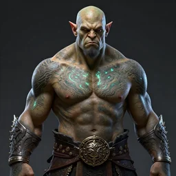 full body portrait of orc warrior, shirtless, broad chest, glowing tattoos. detailed face, concept art, intricate, highly detailed 8 k, smooth, sharp focus, handsome and aesthetic shape of face and body, artgerm, artstation, art by zexi guo and nira and junpei suzuki and gharliera and rinotuna