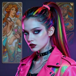 head and shoulders portrait of woman cybergoth hair style in neon leather jacket, pale skin, piercing eyes, cyberpunk, vibrant color, high detail, intricate, impossible beauty, ponytail, masterpiece by craig mullins, ruan jia, peter mohrbacher, krenz cushart, norman rockwell, alphonse mucha