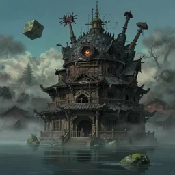 hyperrealist cell - shaded studio ghibli cartoon of a flooded, moody, misty temple from howl's moving castle ( 2 0 0 4 ). a cube is in the sky. depth perception.