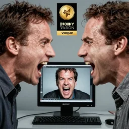 gary busey screaming at a desktop computer in 1 9 9 9, ( sony a 7 r iv, symmetric balance, polarizing filter, photolab, lightroom, 4 k, dolby vision, photography awardm, voque, perfect face )