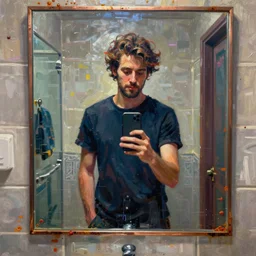 a beautiful glitched oil painting by robert proch of a man standing with his phone in front of a bathroom mirror, color bleeding, pixel sorting, copper oxide and rust materials, brushstrokes by jeremy mann, cold top lighting