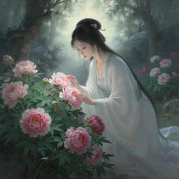 ancient fantasy garden, beautiful woman caring for peonies, fantasy world, ethereal back light, dim global light, mist, coherent composition, detailed fantasy painting, noriyoshi ohrai, yuumei