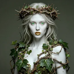 full body portrait of a beautiful sensual woman, green eyes, gold lips, white skin entwined in branches, ivy and vines, thorn crown, highly detailed, sci - fi, intricate, decadent, highly detailed, octane render, concept art, smooth, sharp focus, hyper - realistic