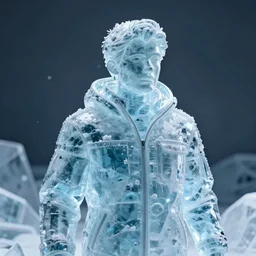 human made of ice, wearing a jacket, digital art