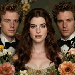 portrait of anne hathaway, surrounded by flowers by karol bak, james jean, tom bagshaw, rococo, sharp focus, trending on artstation, cinematic lighting, hyper realism, octane render, 8 k, hyper detailed.