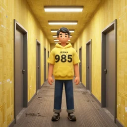 3 d render of jerma 9 8 5, jerma in a liminal space, non - euclidean space, endless halls of office space with worn light mono - yellow 7 0 s wallpaper, old moist carpet, and inconsistently - placed fluorescent lighting | high octane | blender | 3 d render