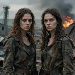 portrait of female adult twins in the apocalypse, by vladimir makovsky.