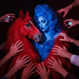zeiss lens photograph wolfgang tillmans only with blue drag queen in love with a red stallion too many hands in all directions doctors mask in the style of gottfried helnwein chiaroscuro intricate composition blue light by caravaggio insanely quality highly detailed masterpiece red light