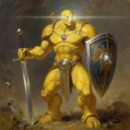 yellow human-sized warforged, detailed, character with an iron paladin sword and a huge ornate shield, with a light beaming from his eye, by Roger Dean, by Anton Fadeev, by albert bierstadt, magical realism, oil on canvas, soft render, octane, artstation