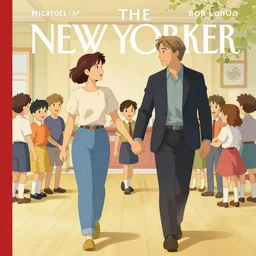 Mads Mikkelsen and Hugh Dancy holding hands romantically as they chaperone school dance by Michael Whelan, Bob Larkin and Tomer Hanuka, simple illustration, domestic, nostalgic, clean, full of details, by Makoto Shinkai and thomas kinkade, Matte painting, trending on artstation and unreal engine, New Yorker magazine cover