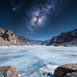 a sci - fi landscape, cosmic sky icy lake and rocky moutains vivid by bruce pennington