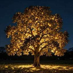 tree, night time, glowing golden fruit