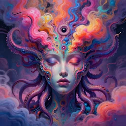 tentacles coming out of colorful liquid smoke and neon clouds, an extremely colorful psychedelic experience, dmt, psilocybin, lsd, face, detailed, intricate, elegant, highly detailed, digital painting, artstation, concept art, smooth, sharp focus, illustration, art by hana yata, and artem demura and beeple, octane render, unreal engine, 8 k