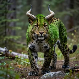 ((cryptid)) in banff national park, by Jason Edmiston, spotted-leopard muscular intrepid green horned beast, 4K HD, ultrarealistic, dappled lighting, obsidian hooves