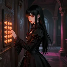 1 7 - year - old goth girl, black hair, long bob cut, long bangs, gothic coat, dark hallways, shadowy hallways, soft lighting, glowing keypads, orange keypads, roman pillars, strong lighting, strong shadows, vivid hues, ultra - realistic, sharp details, subsurface scattering, intricate details, hd anime, 2 0 1 9 anime