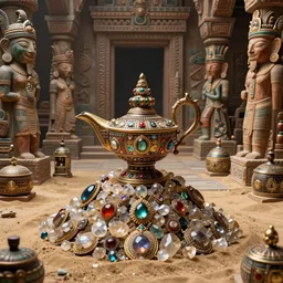 epic view of an ancient interior, ornate oil lamp on a pile of crystals, covered in jewels, ornate, surrounded by strange statues and treasure, full of sand and dust, hyper real, Indiana Jones, Tomb Raider, trending on artstation, concept art, cinematic, jewels, by Greg Rutkowski