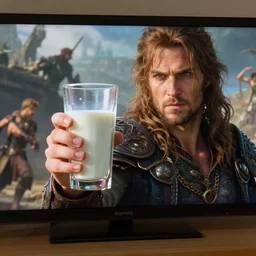 nick valentine on the screen holds a faceted glass of milk in one of his hands, realism, reflections, action scene, epic fantasy, artgerm and greg rutkowski and alphonse mucha, epic fantasy, volumetric light, detailing, staged shot, epic fantasy, cinematic, photorealistic, ultra - realistic, trending at art station, octane number, monthly average