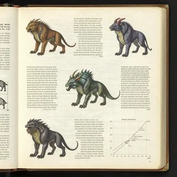 page scan of bestiary book, diagrams showing various fantasy beasts, insanely detailed, informative texts and graphs