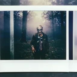 old polaroid photo of a zombie in a forest, very dark vibes, fog,