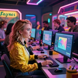cyberpunk scarlett johansson working on cyberpunk computer in cyberpunk farmers market by william barlowe and pascal blanche and tom bagshaw and elsa beskow and enki bilal and franklin booth, neon rainbow vivid colors smooth, very fine high detail 3 5 mm lens photo 8 k resolution