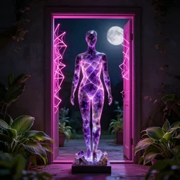 beautiful mannequin sculpted out of amethyst by billelis + lit with 3 d geometric neon + facing a doorway opening with neon pink geometric fractal light + flowering hosta plants!!!, moon in background!!, moody, dramatic, rule of thirds, confident, award winning, 4 k, trending on artstation, photorealistic, volumetric lighting, octane render