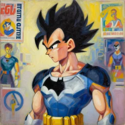 ashley wood portrait painting of vegeta batman hybrid, as overwatch character, medium shot, asymmetrical, profile picture, organic painting, sunny day, matte painting, bold shapes, hard edges, street art, 6 0's french movie poster, french impressionism, palette knife and brush strokes, dutch angle, trending on artstation, by huang guangjian and gil elvgren and sachin teng