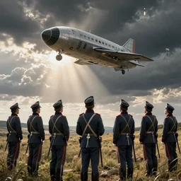 grim Prussian soldiers looking at the spaceship in the sky