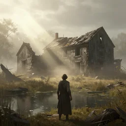 the ruins of rural wisconsin, mist, sunrays, dust in the air, dnd character, unreal engine, octane render, dramatic lighting, pond, digital art, by stanley artgerm lau, greg rutkowski, thomas kindkade, alphonse mucha, loish, norman rockwell,
