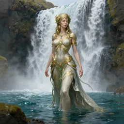 a full body portrait of a beautiful post apocalyptic offworld neoicelandic biofarmer swimming by the waterfall, intricate, elegant, highly detailed, digital painting, artstation, concept art, smooth, sharp focus, illustration, art by krenz cushart and artem demura and alphonse mucha