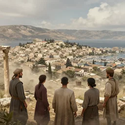 windswept vista overlooking a ancient greek port town. jasmin habezai - fekri, anton fadeev, tony zhou shuo, greg rutkowski, unreal engine 5