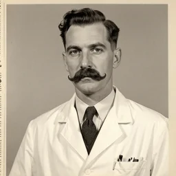 newspaper photo from 40s of a slim medical doctor with a big mustache and sidecut topet