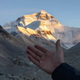 hand from adams family climbing everest during golden hour.