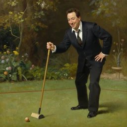 jerry seinfeld playing croquet in the garden, happy expression, smiling, holding a croquet mallet, rule of thirds, golden ratio, oil on canvas, highly detailed, warm color scheme, soft lighting, sharp focus, adelaide labille - guiard, artemisia gentileschi