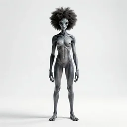 afro-haired alien grey, cinematic studio photo, full body, standing, isolated on a pure white background, centered, whole figure in frame, sharp focus, studio lighting