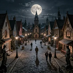 empty lovecraftian town square surrounded by houses and inns.  lovecraftian city at night by cyril rolando and naomi okubo and dan mumford and ricardo bofill. lovecraft. cobbled streets. oil lamp posts. lovecraftian statues. full moon halo.