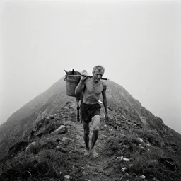movie still by tarkovsky of an skinny old man carrying a bucket with a horse on a ultra high mountain peak, cinestill 8 0 0 t 3 5 mm b & w, heavy grain, high quality, noir, natural textures, photorealistic, ambient occlusion, hd, mud, fog, ultra wide lens, anamorphic