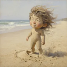 a full shot of a little man made of sand, standing on a beach, slowly eroding due to wind, early morning lighting, elegant, subtle, intricate details, beautiful face!, real masterpiece, oil on canvas, by karol bak, ayami kojima, artgerm, smile, concept art, fantasy
