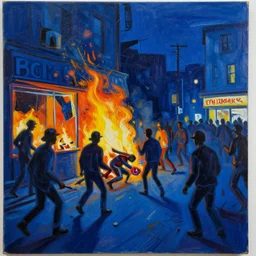 A painting of rioters lighting fires to stores at night by Jean-Michel Basquiat, 8K concept art, menacing, blue