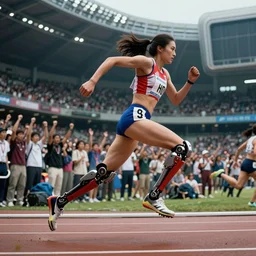 Female athlete sprinter in a race with cyborg legs while the audience cheers, cinematic stillframe, diesel punk, art deco stadium, artstation, contrasty, athlete photography, f/1.4, otomo manga, akira