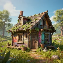 steampunk wooden shack, overgrown, colorful, contrast, depth of field, 3 d scene, render, greg rutkowski, zabrocki, karlkka, jayison devadas, trending on artstation, 8 k, ultra wide angle, zenith view, pincushion lens effect