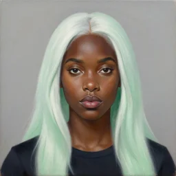 a detailed matte oil on canvas head on symmetrical portrait of black skinned woman with! long white hair! and ( pale green ) hair, wearing a dark cotton shirt by charlie bowater, lise deharme, wlop, trending on artstationhd, dungeons and dragons art critical role