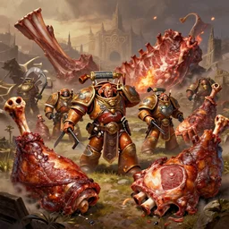 an epic meaty landscape of ribs and turkey legs, warhammer 4 0 k artwork