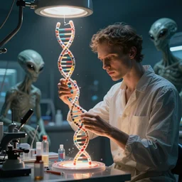 human dna strand being manipulated by aliens in a alien laboratory